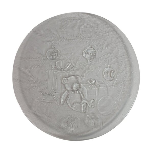 Libbey Embossed Glass Christmas Serving Platter Round 13" Bear Tree Ornament VTG - Picture 1 of 6